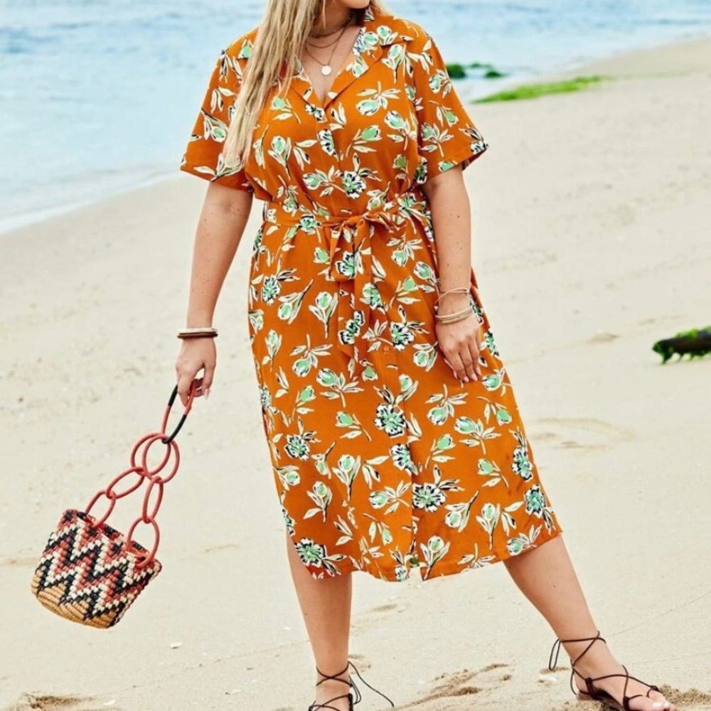 Floral Print Split Hem Belted Shirt Dress